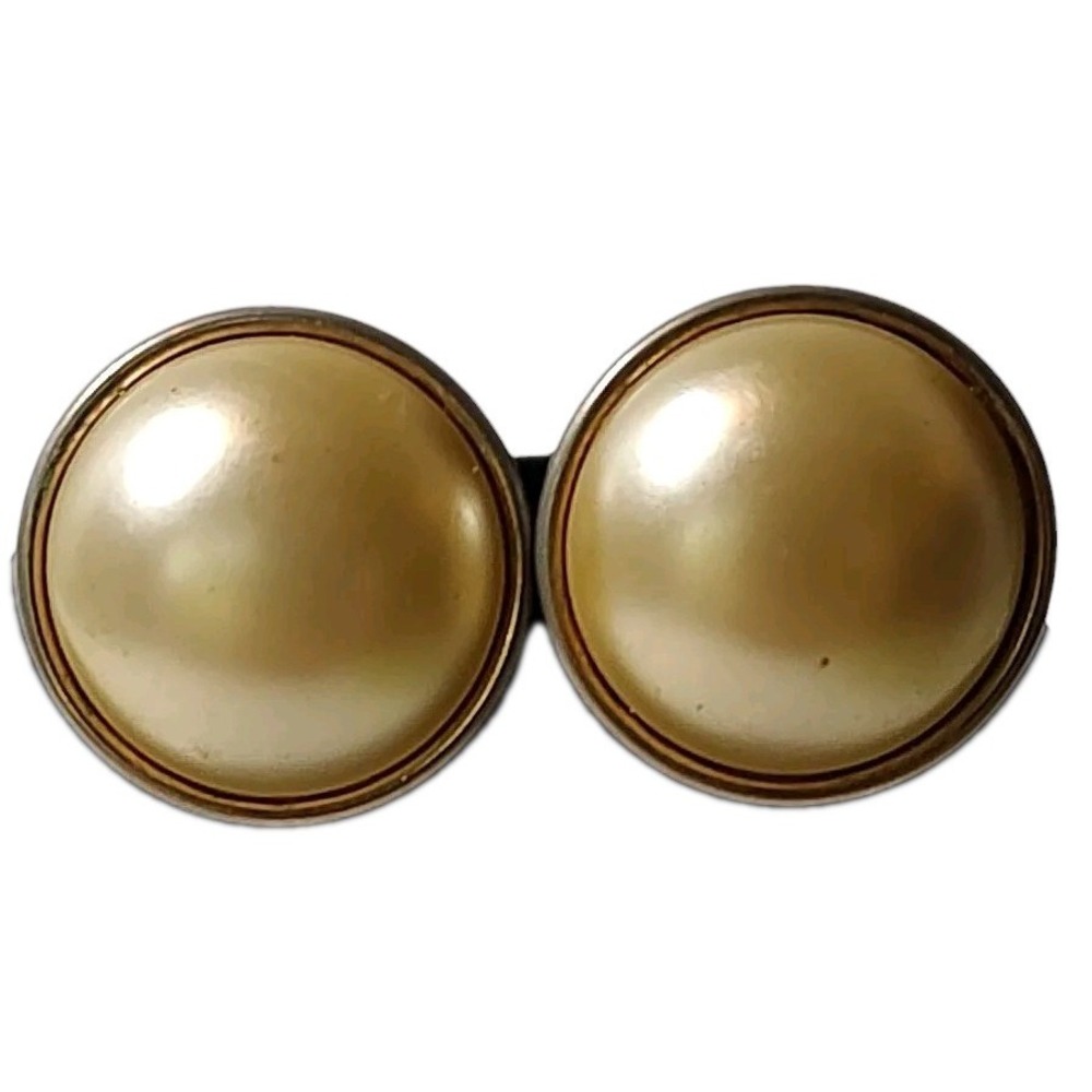 Vintage Lisner Clip On Earrings Faux Pearl and Silver Tone Round Metal One Inch